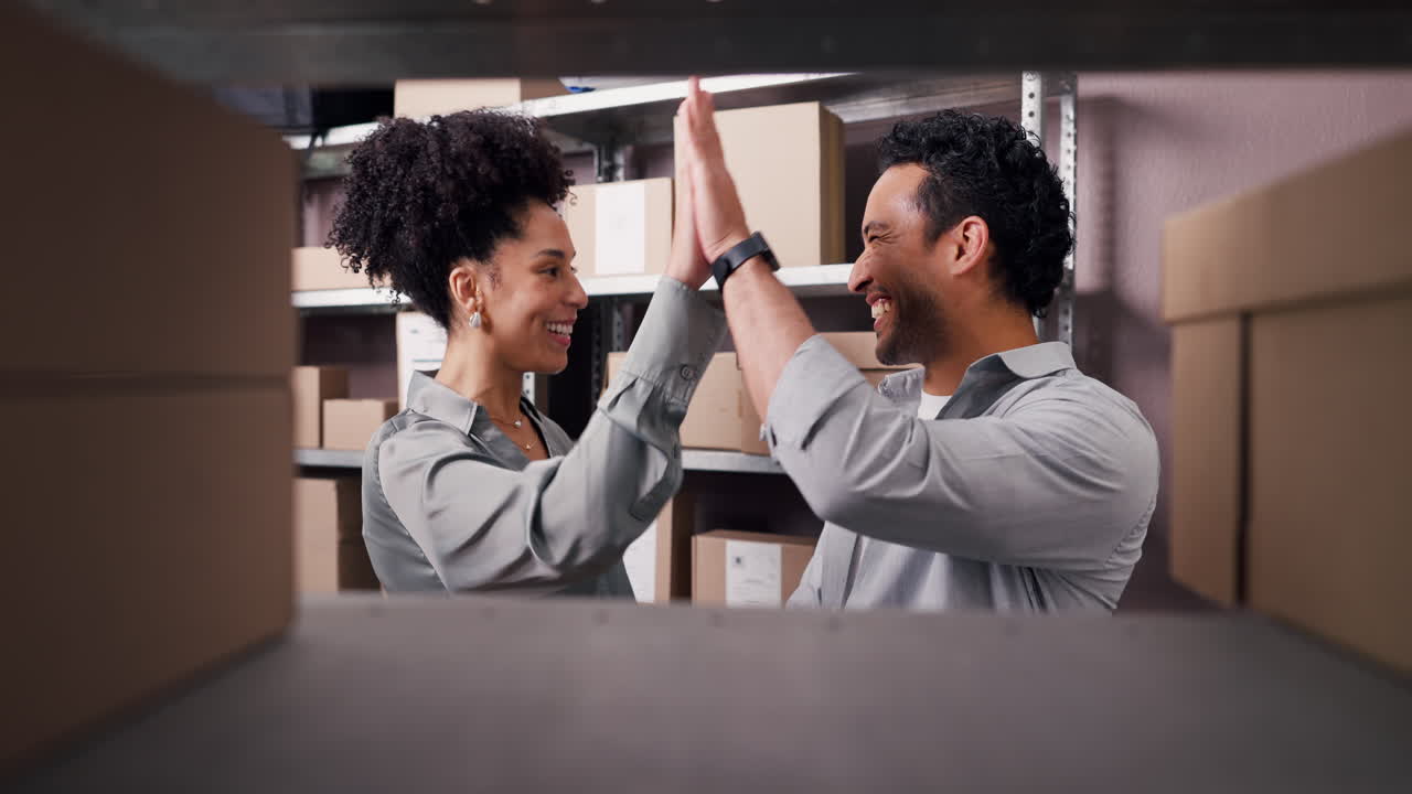 Happy Business Partners High-Fiving While Working in Warehouse