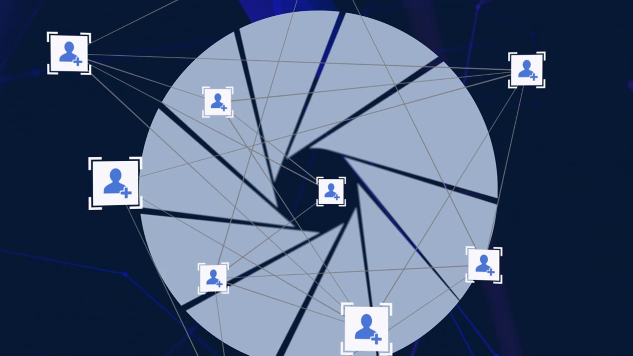 Network of connections against network of connections with icons over networks of connections