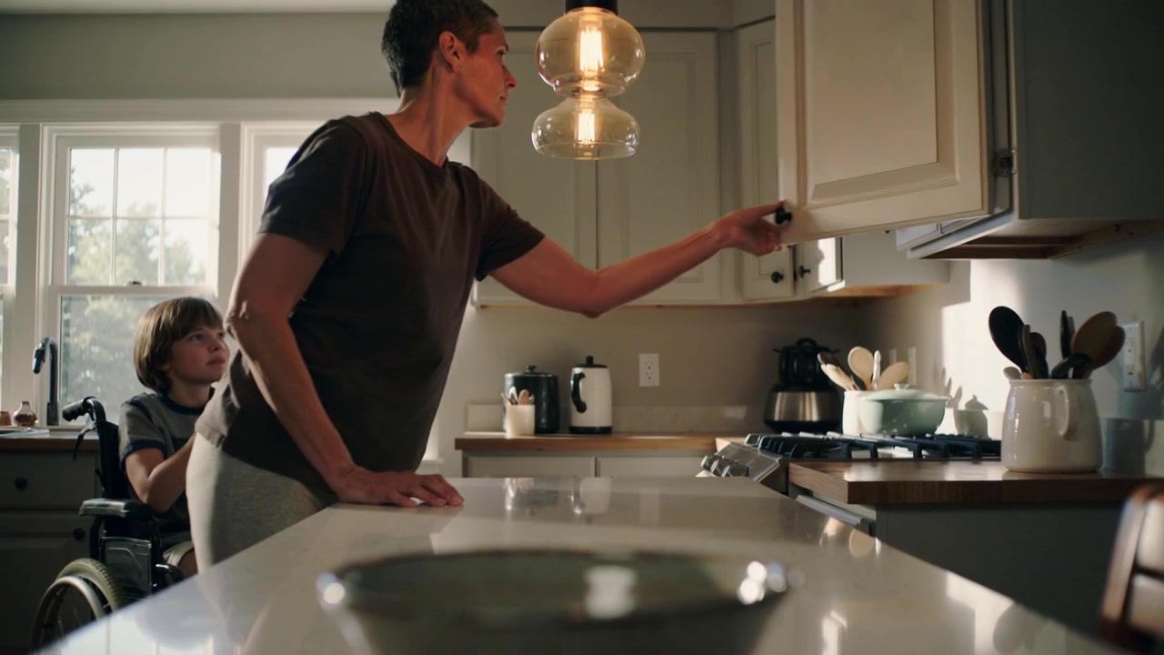 Reaching adult dark tee prompted by child watching, bracing counter opening cabinet in kitchen