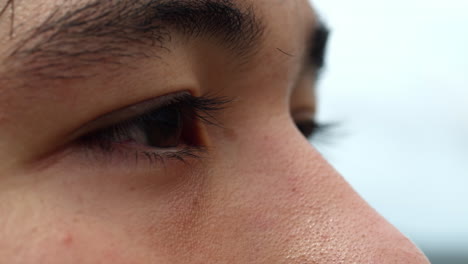 extremo primer plano de macho asiático ojos oscuros mirada
