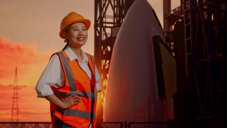 side view of asian female engineer wearing safety helmet looking around while standing with arms akimbo with space shuttle, sunset time