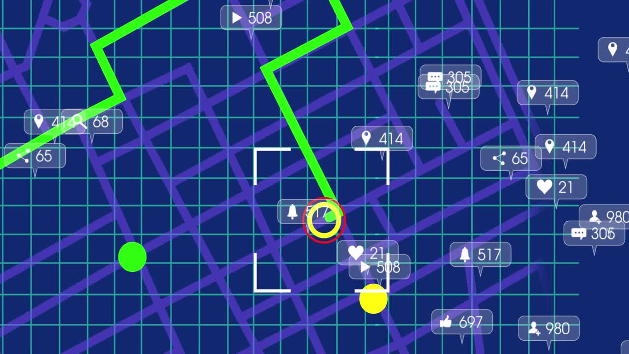 animación de iconos de redes sociales sobre líneas de mapa de navegación contra un fondo azul