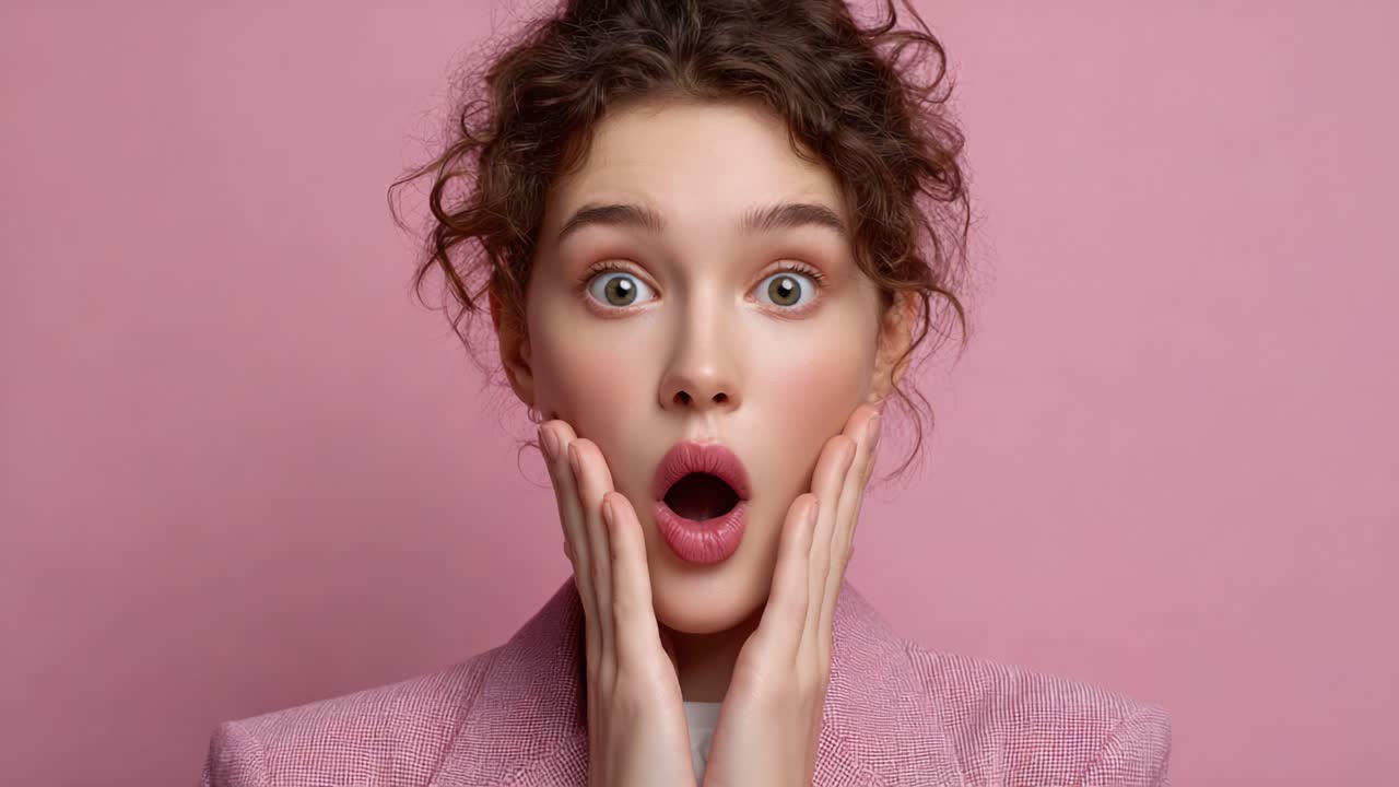 Surprised Expression of a Young Woman in Pink Blazer Against a Soft Pink Background, Capturing Genuine Emotion and Intrigue in a Studio Setting