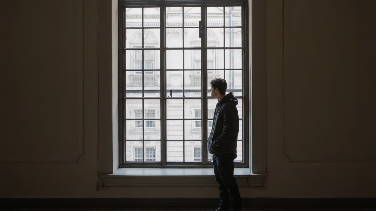 Reacting to light, man peering through paned window at facade in room, hoodie boots, copy space