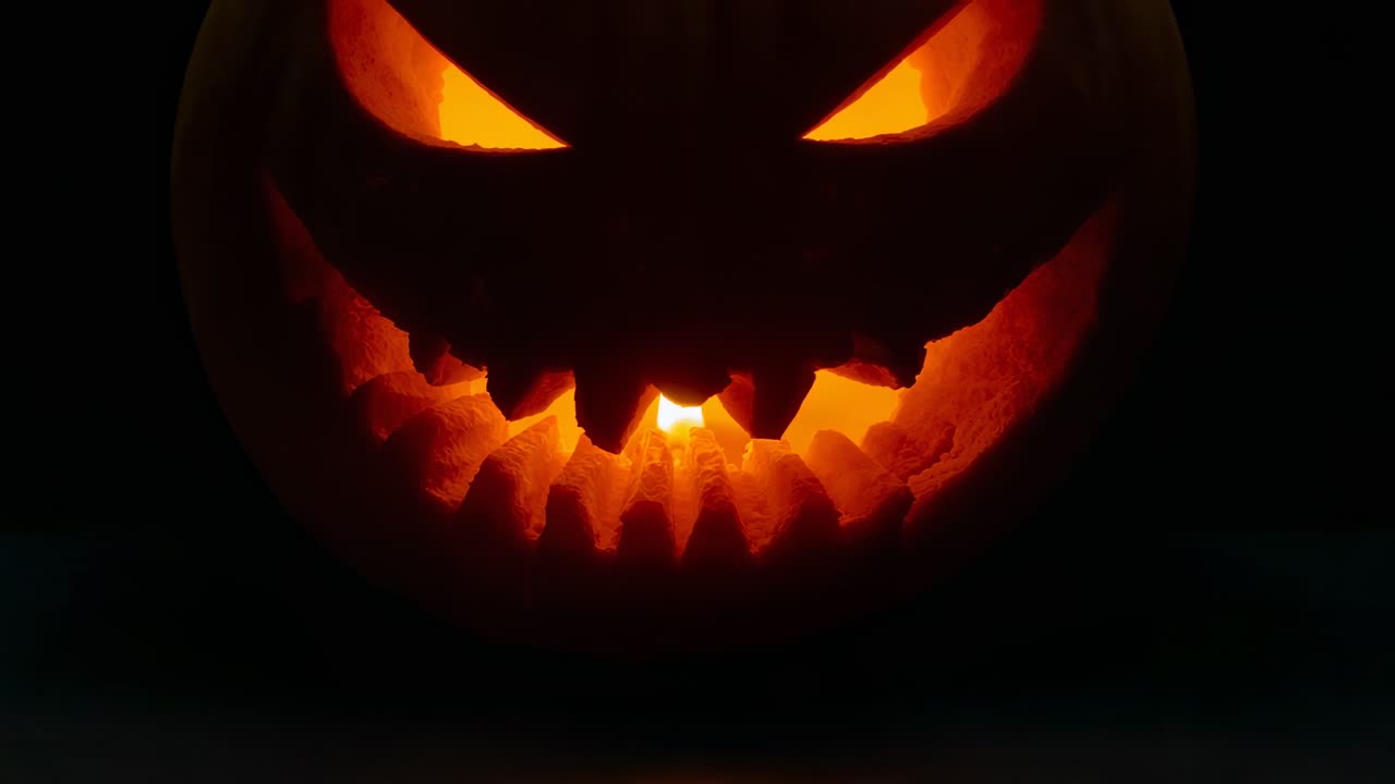 Zooming out view revealing carved pumpkin glowing on table in darkness to show pulsing candle light