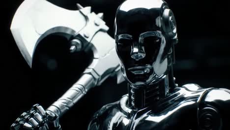 a powerful metallic figure in an ominous pose, wielding a massive axe, represents a blend of technology and strength in a futuristic setting of shadows and reflections.