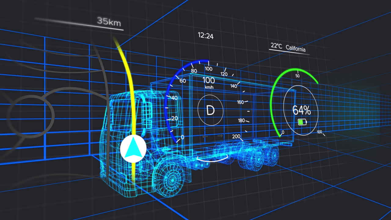animación de flecha en línea, velocímetros, números, texto, modelo 3d de camión contra fondo negro
