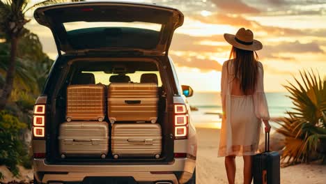 a woman walking towards the back of a car with suitcases in the trunk