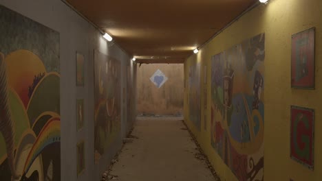 person walks through an art-covered tunnel with colorful murals on both walls during daytime