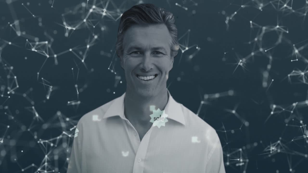 цифровые иконы и сеть соединений против человека улыбается