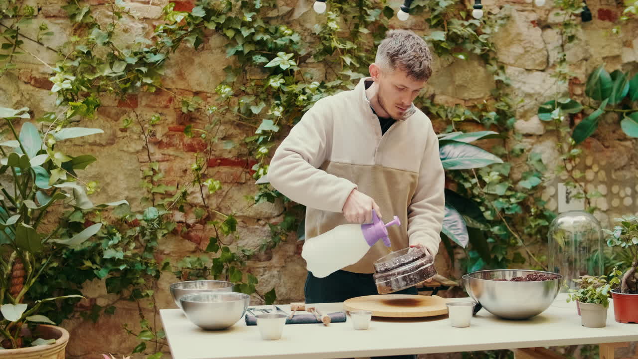 Man Sifting Soil with a Sieve and Spray Bottle in a Courtyard Garden