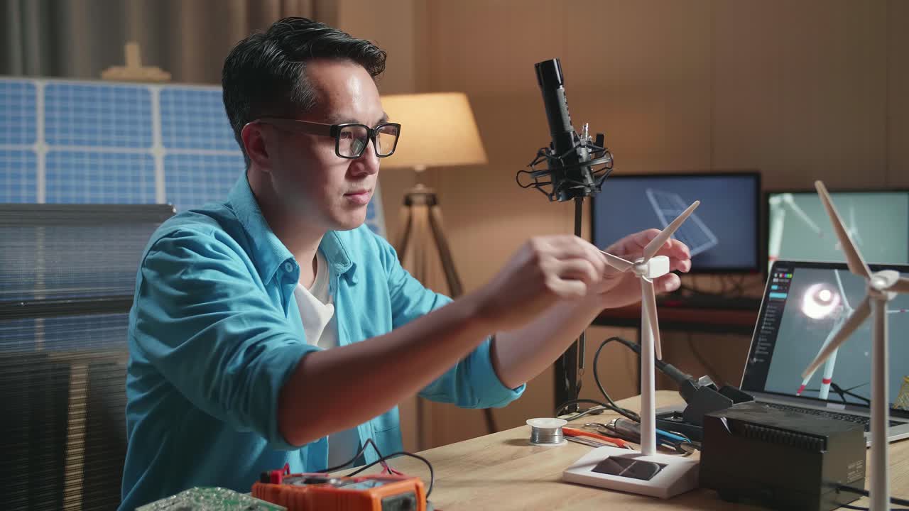 행복한 아시아 남자가 사무실에서 태양전지 에 노트북으로 일하면서 풍력 터빈을 성공적으로 테스트합니다.