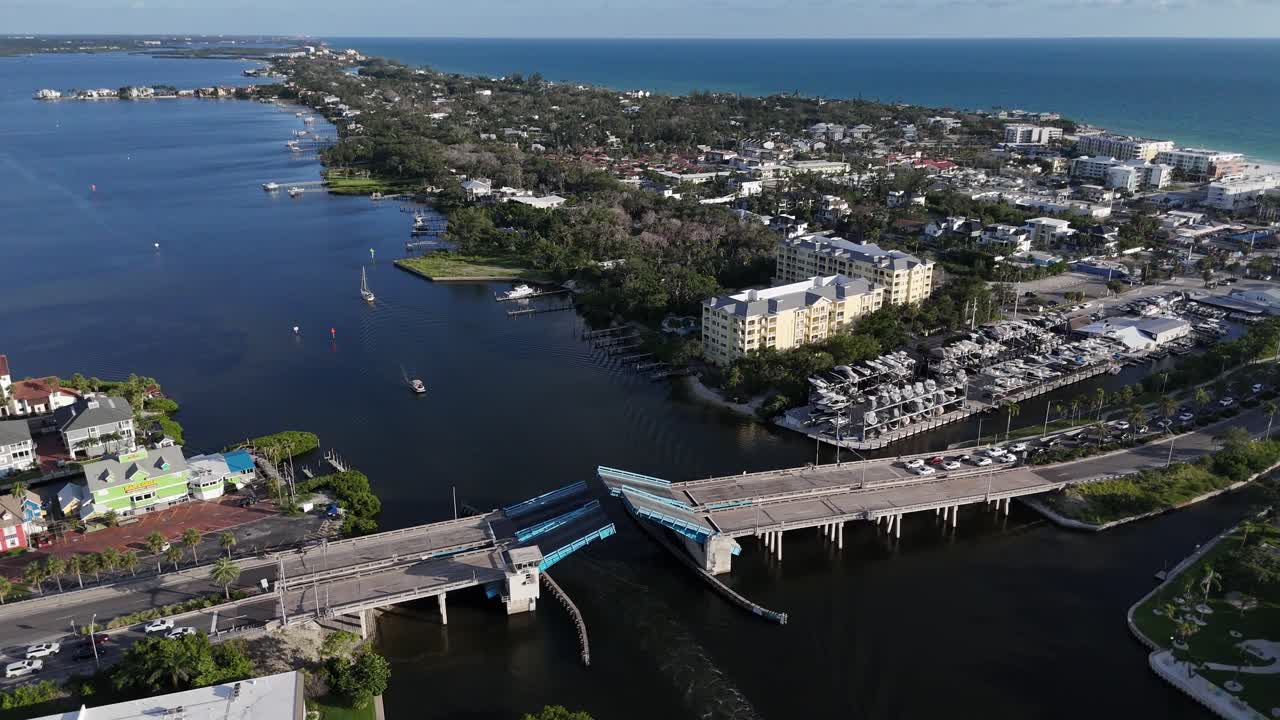 Stickney Point Bascule Bridge closing, Sarasota to Siesta Key island, Florida aerial