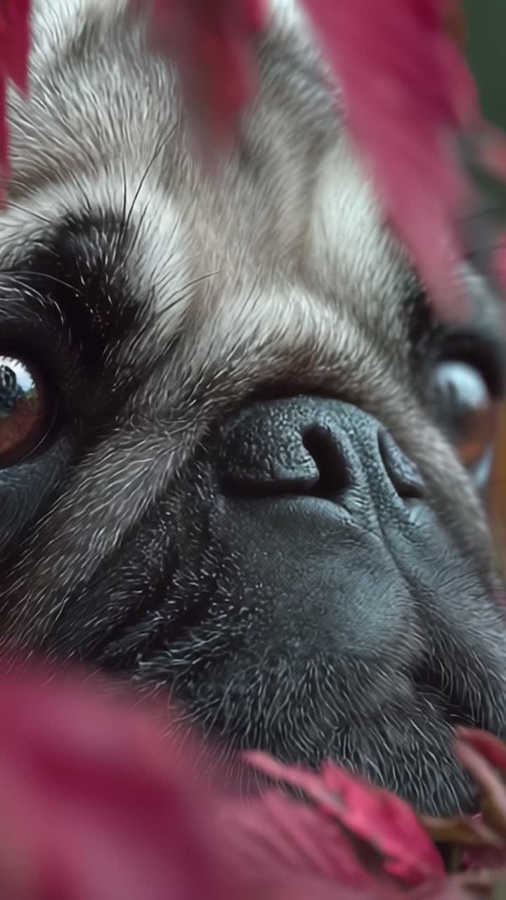 Un primo piano di un adorabile carlino circondato da foglie vivaci, che cattura l'essenza dell'autunno e la curiosità canina nell'abbraccio della natura.