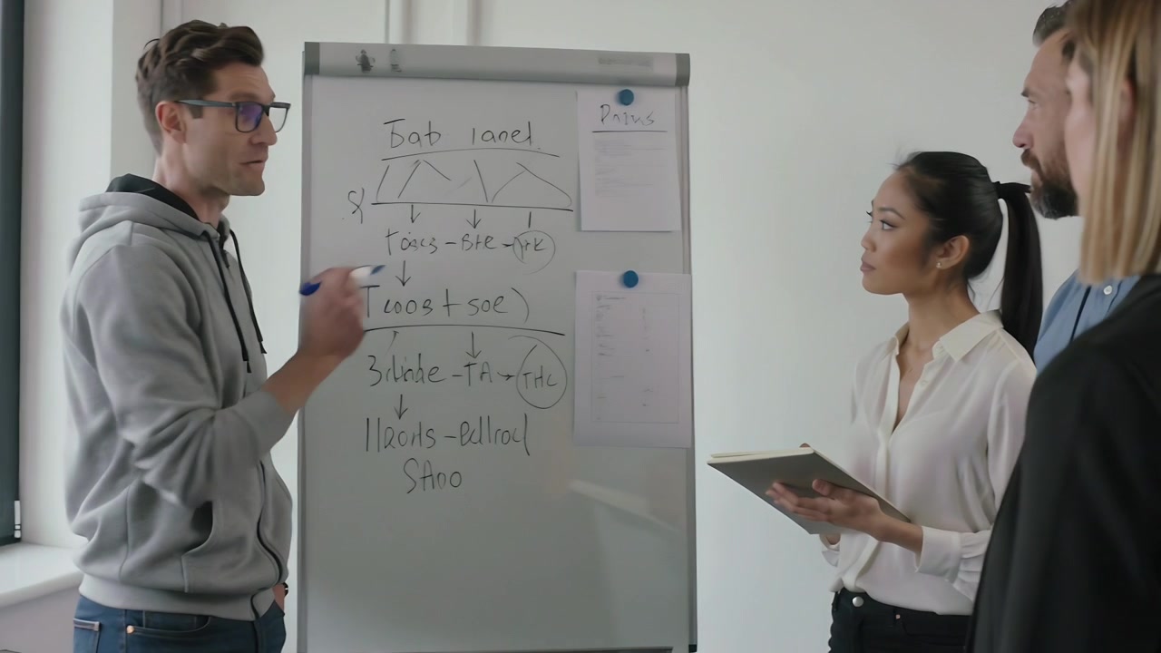 Meeting starting presenter in grey hoodie writing plan on flipchart office, blue marker, copy space