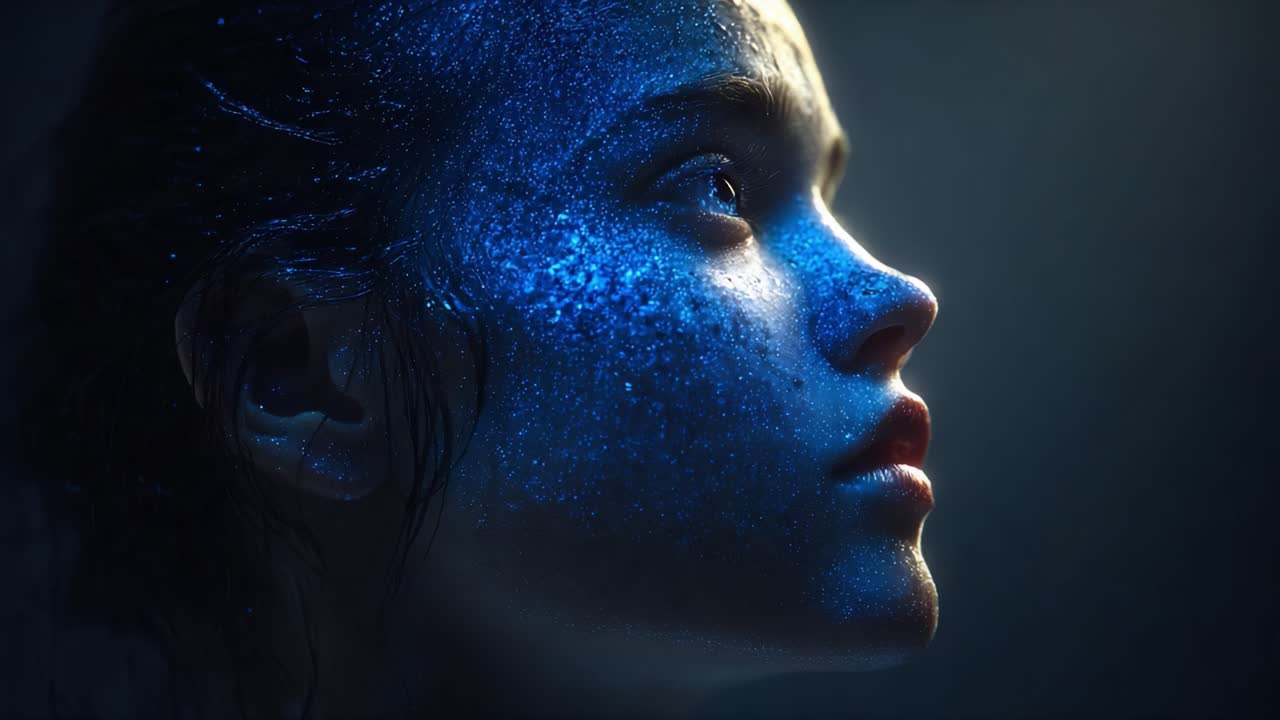 A captivating close-up portrait showcasing a young individual with glittering skin illuminated by dramatic lighting, exuding a sense of wonder and introspection in an ethereal atmosphere