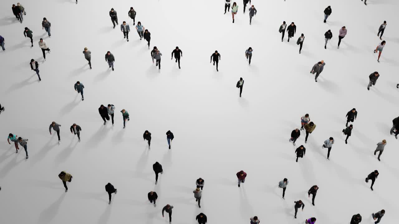 Overhead View of a Large Crowd of People Walking on a White Background