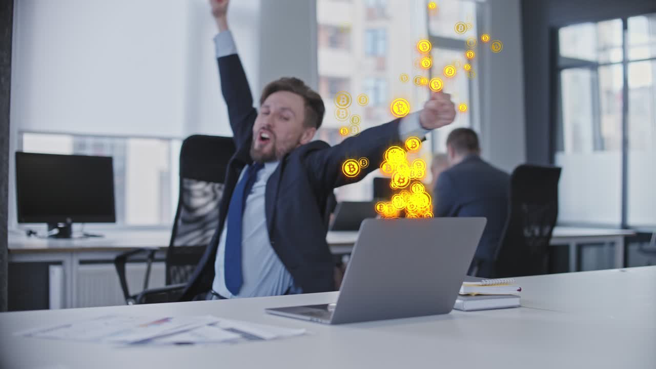 Happy office worker receiving large payment, bitcoin investment, stock market