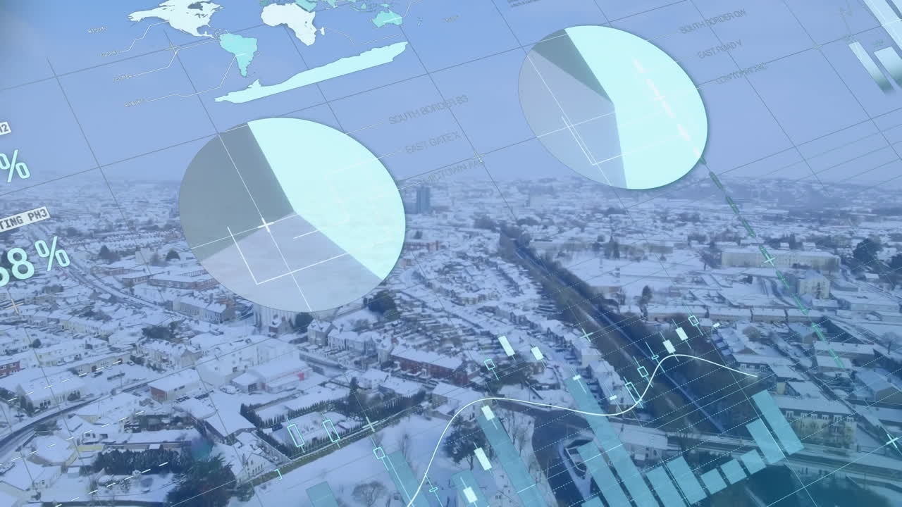 Animaatio tilastollisen tiedon käsittelystä talvimaiseman ilmanäkymää vasten
