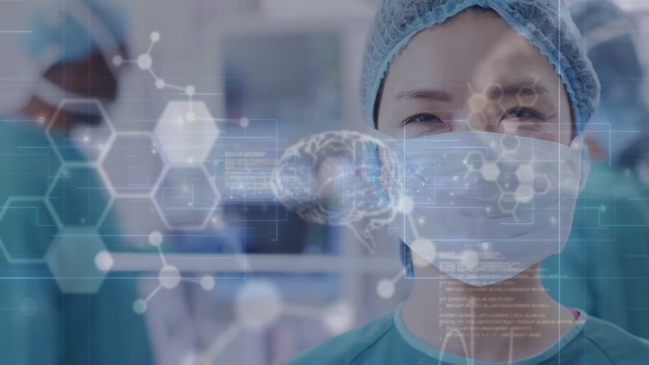 Animation of data processing with molecules and brains over asian female surgeon in hospital