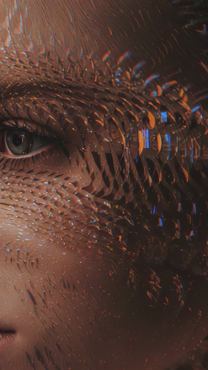 Vertical video: Opening half-face scales glinting in void with amber blue highlights, copy space