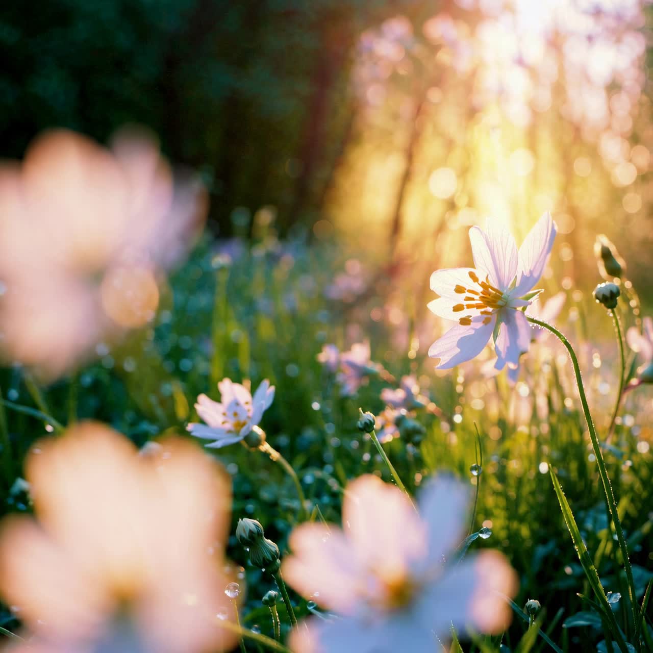 Close-up of wildflowers in a sunlit meadow, captured at a low angle
