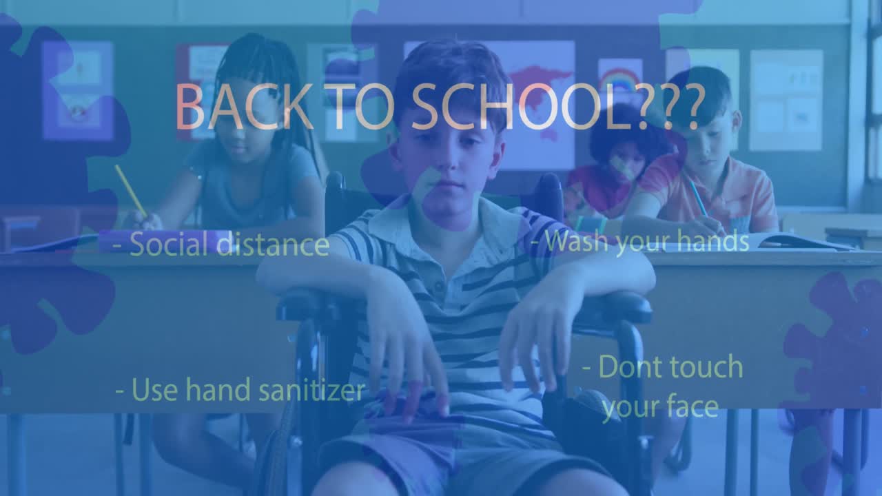 학교로 돌아와 학교에서  ⁇ 체어에 앉아 있는 장애인 소년에 대한 코로나 19 개념 텍스트