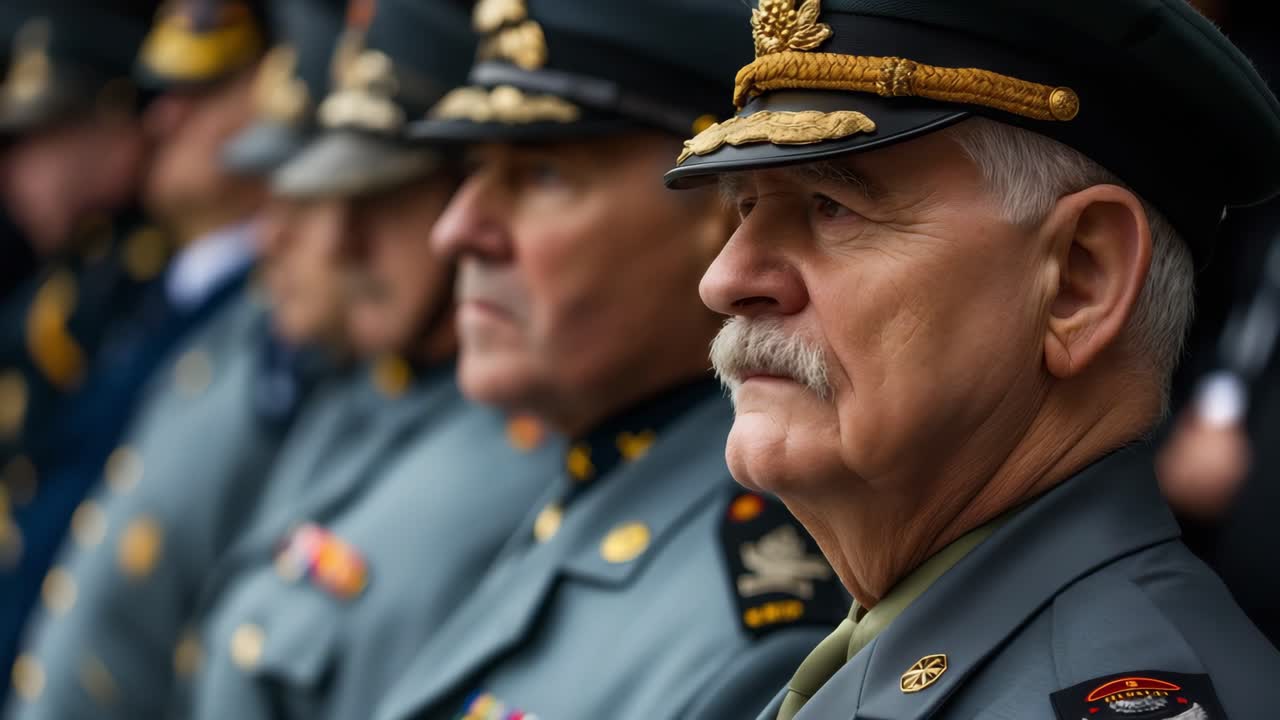 Composition of images showing a high ranking military official with a serious expression, standing in formation with other officers, possibly during a formal military ceremony or event