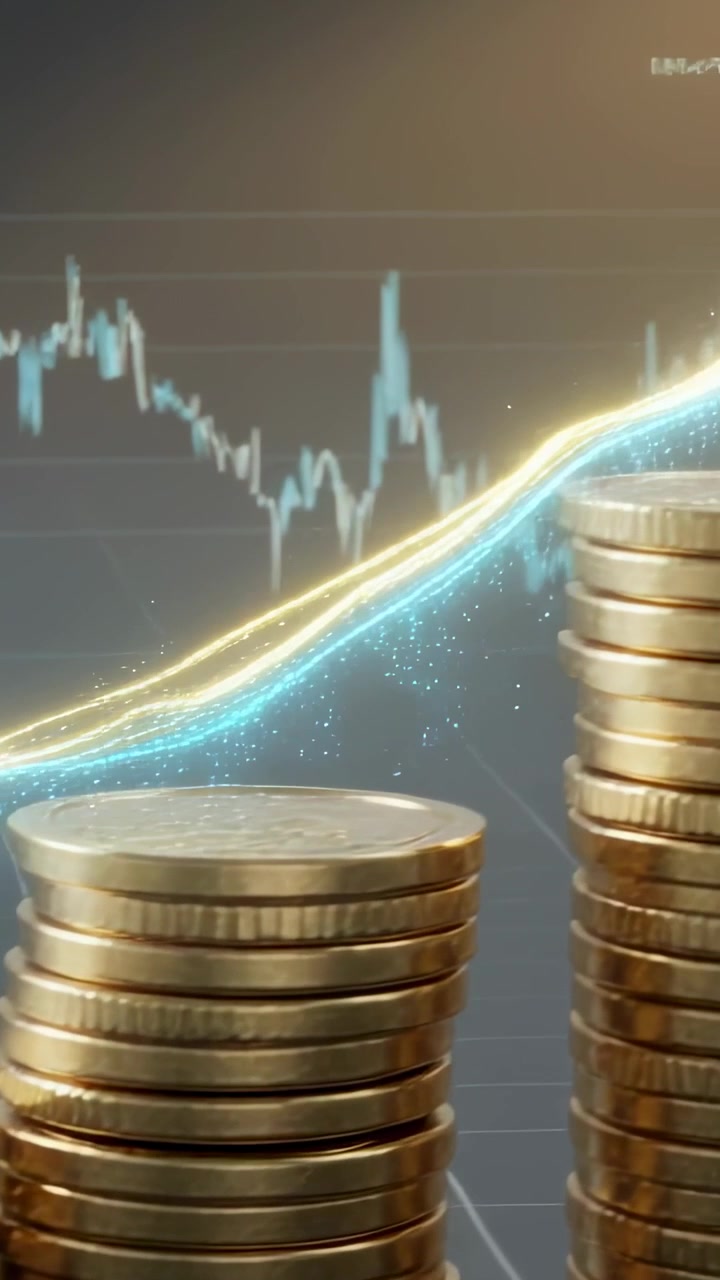 Vertikal video: En stigende trendlinje løfter stabler med metallmynter på et digitalt diagram, som signaliserer gevinst.