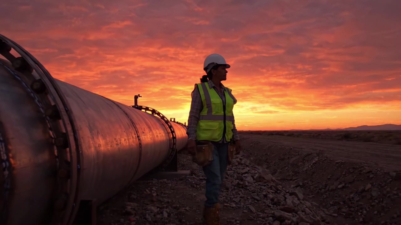 Un lavoratore dedicato è in piedi accanto a una condotta durante un tramonto mozzafiato, simboleggiando il lavoro e l'impegno nel settore energetico in mezzo a uno splendido scenario naturale.