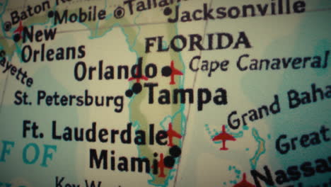 close-up view of a map featuring florida and major cities