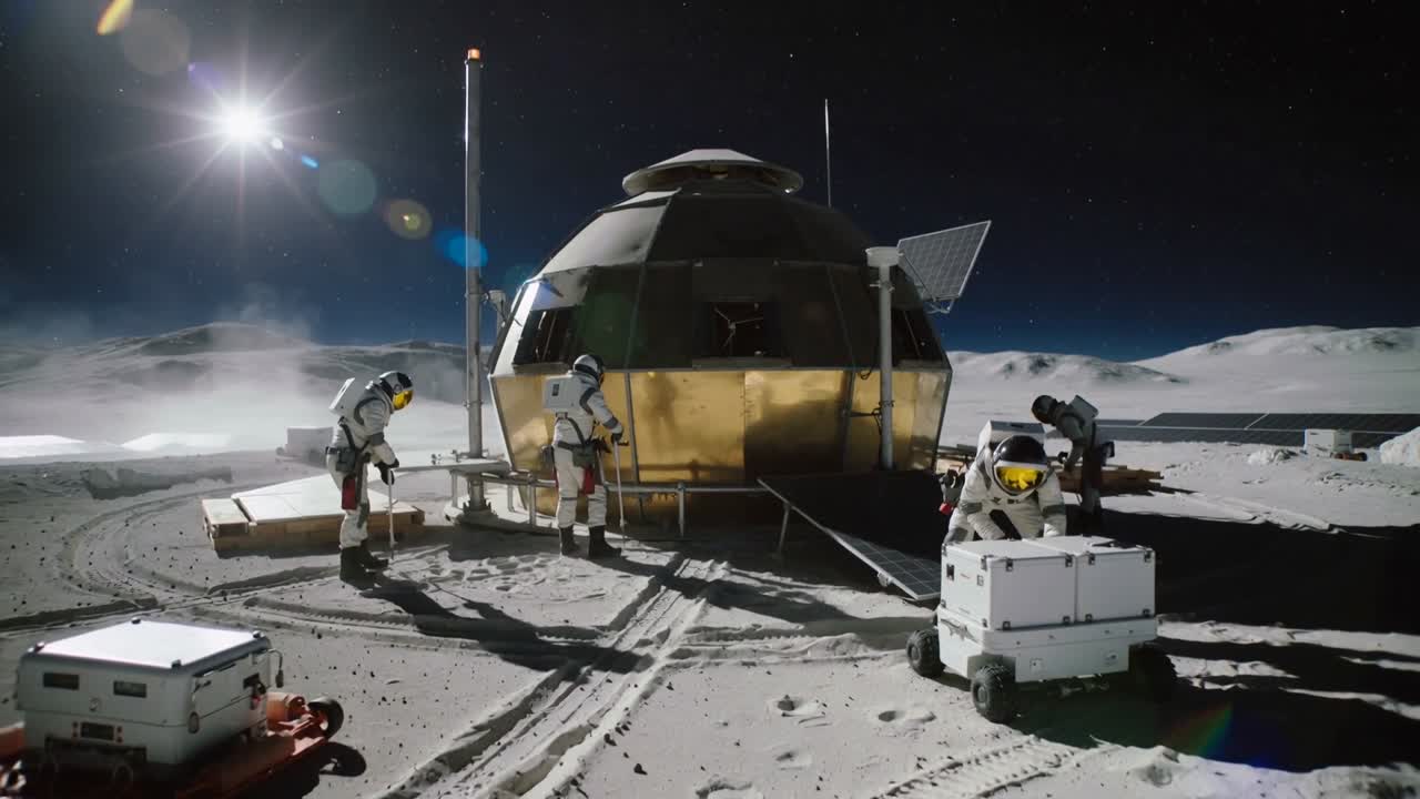 Tensando la cuerda, tres tripulantes con traje espacial tirando de una caja de carga blanca hacia el módulo de aterrizaje para estibarla en la llanura lunar.