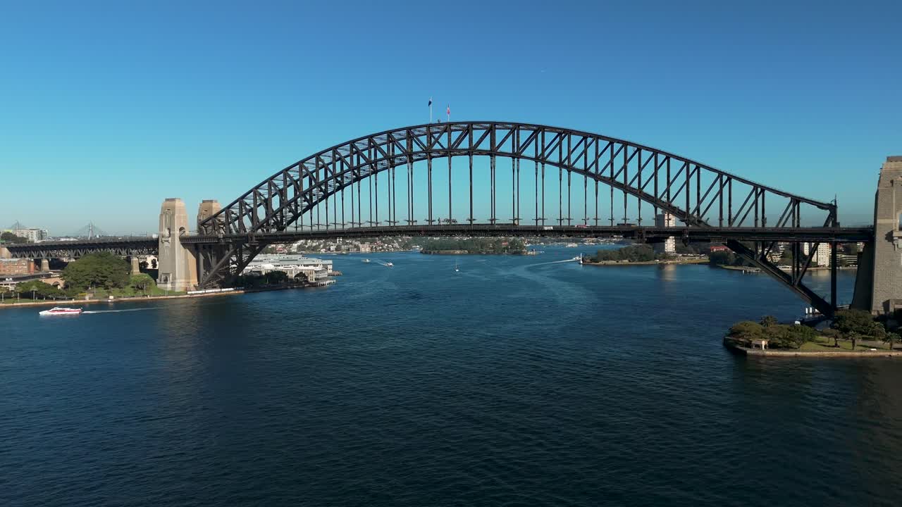 4K CGI drone flyover of the Sydney Harbour Bridge—ideal for capturing the connection between iconic landmarks and vibrant urban life in Australia’s premier coastal city.