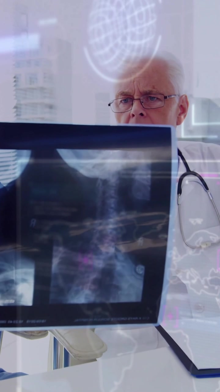 In medical office, doctors examining X-ray with digital animation overlay