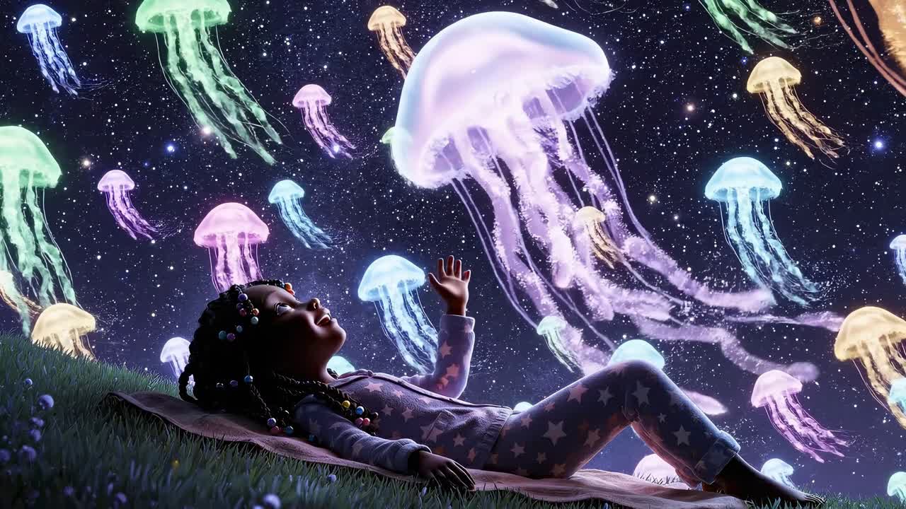 Un bambino fissa meduse luminose nel cielo notturno.