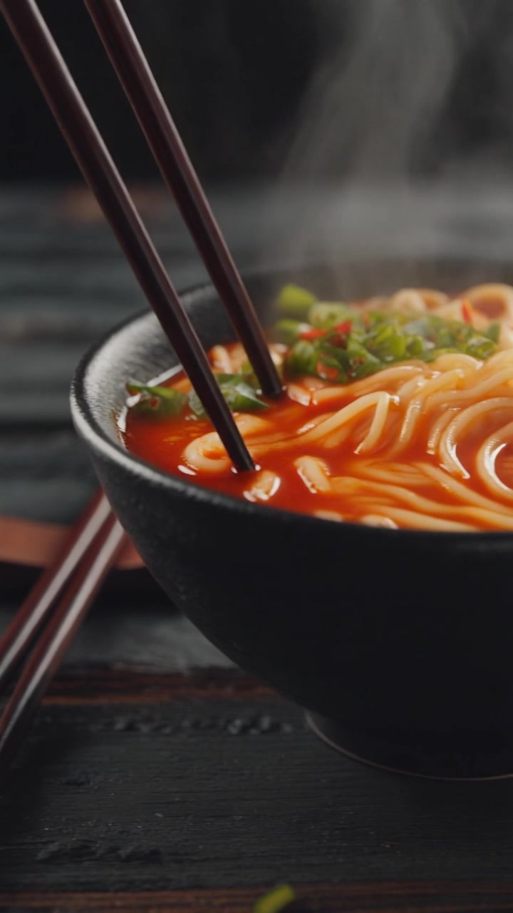 Ciotola fumante di ramen piccante con bacchette