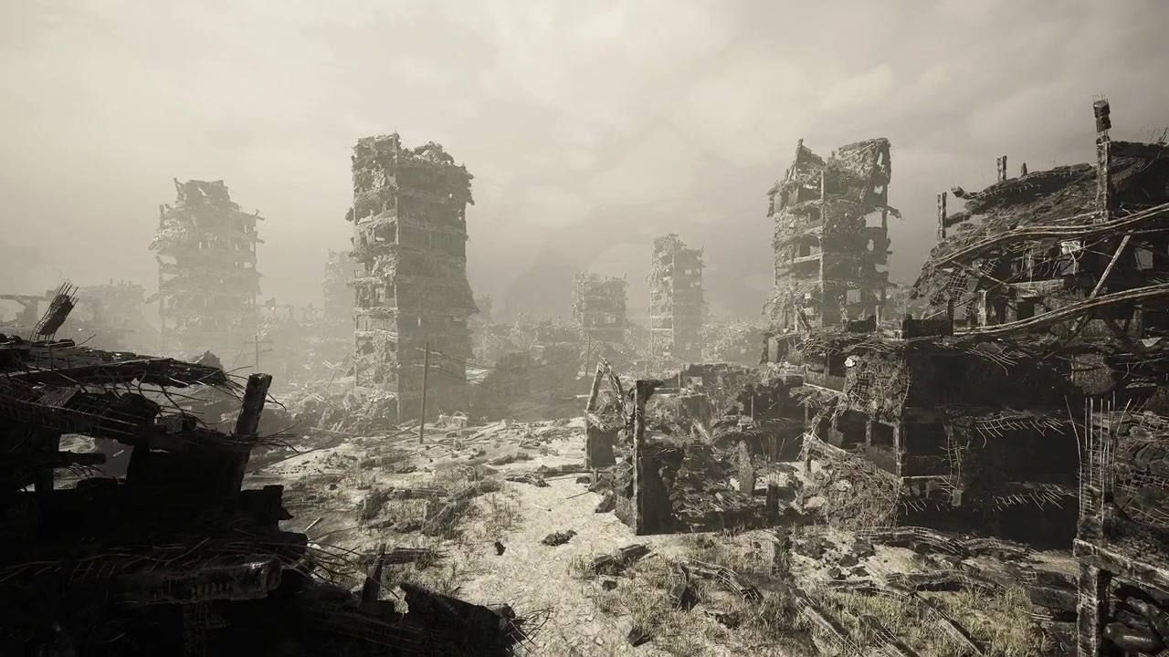 Città deserta e silenziosa all'alba con detriti sparsi e nebbia.