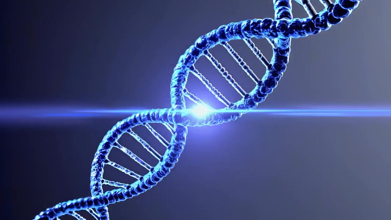 Doppia elica di DNA blu rotante con un effetto di luce pulsante