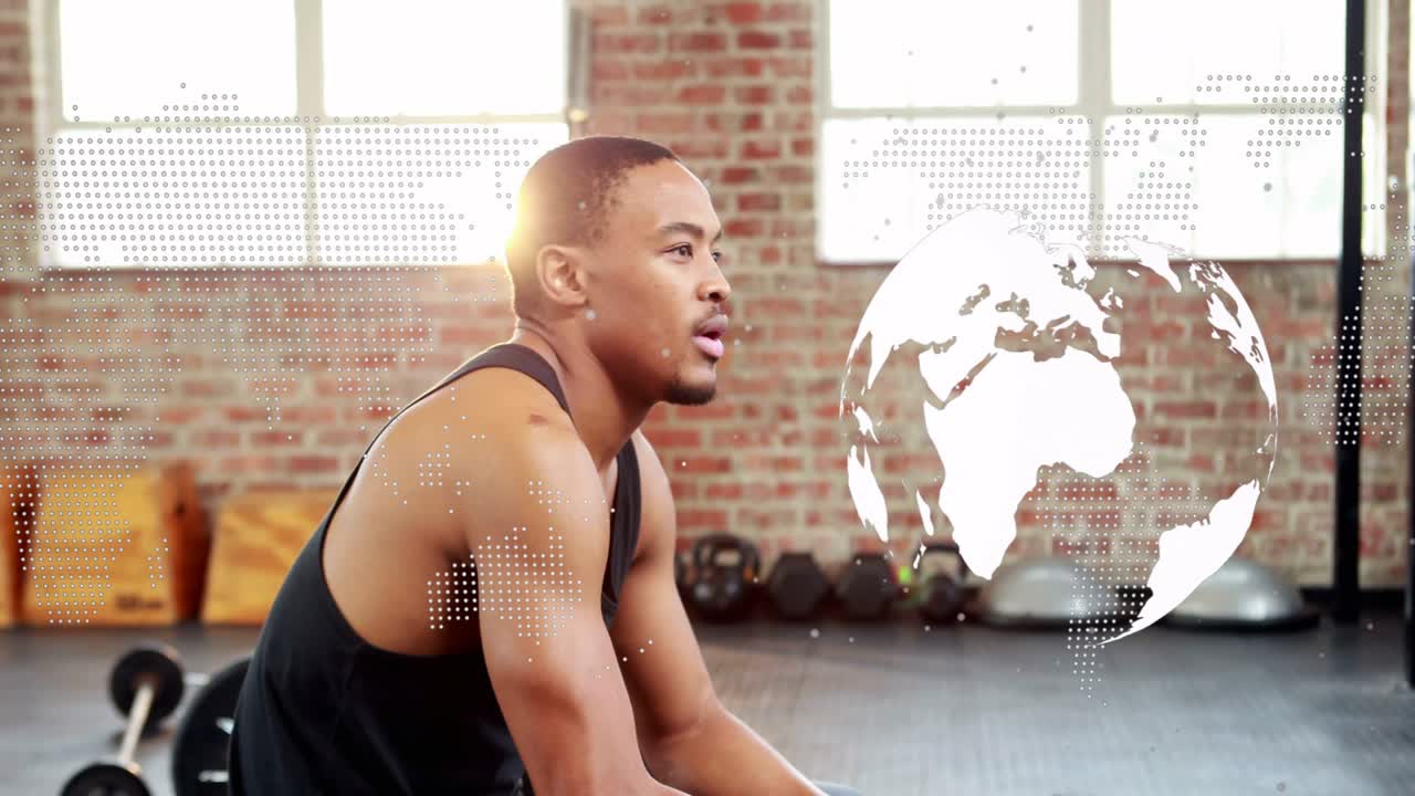 Gripping dumbbell, male trainee performing one-arm rows for fitness, globe overlay marking strength