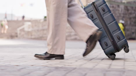 walking, suitcase and feet of business man in city