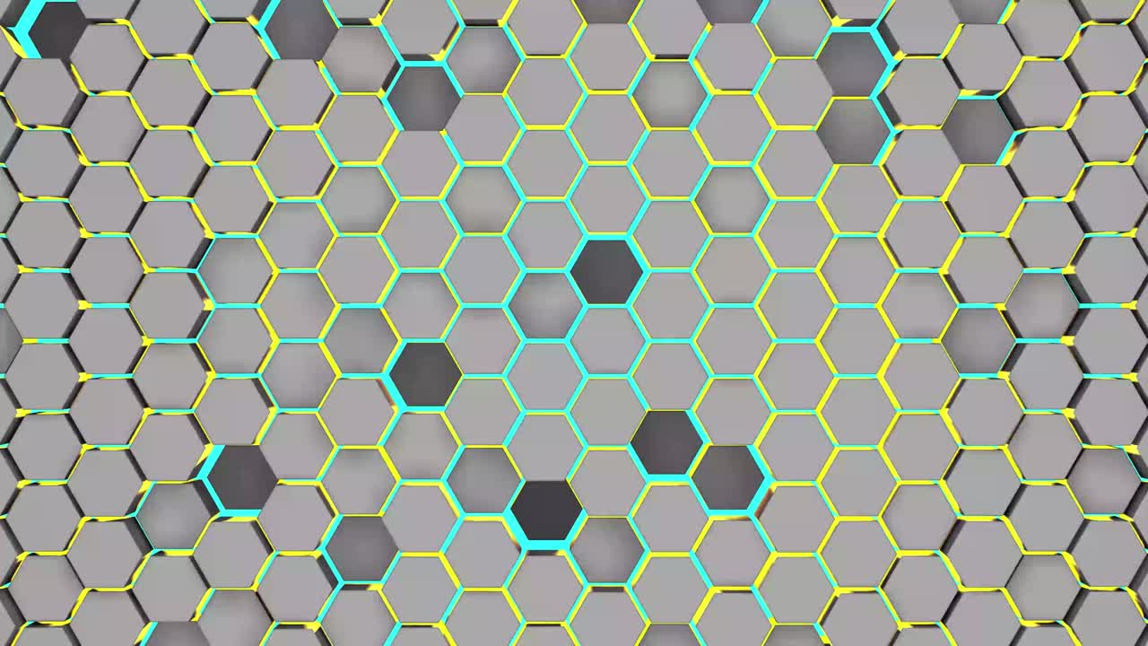 animación 3d de pared blanca en movimiento con azulejos de patrón hexagonal con luz de neón azul en el fondo renderización 3d.