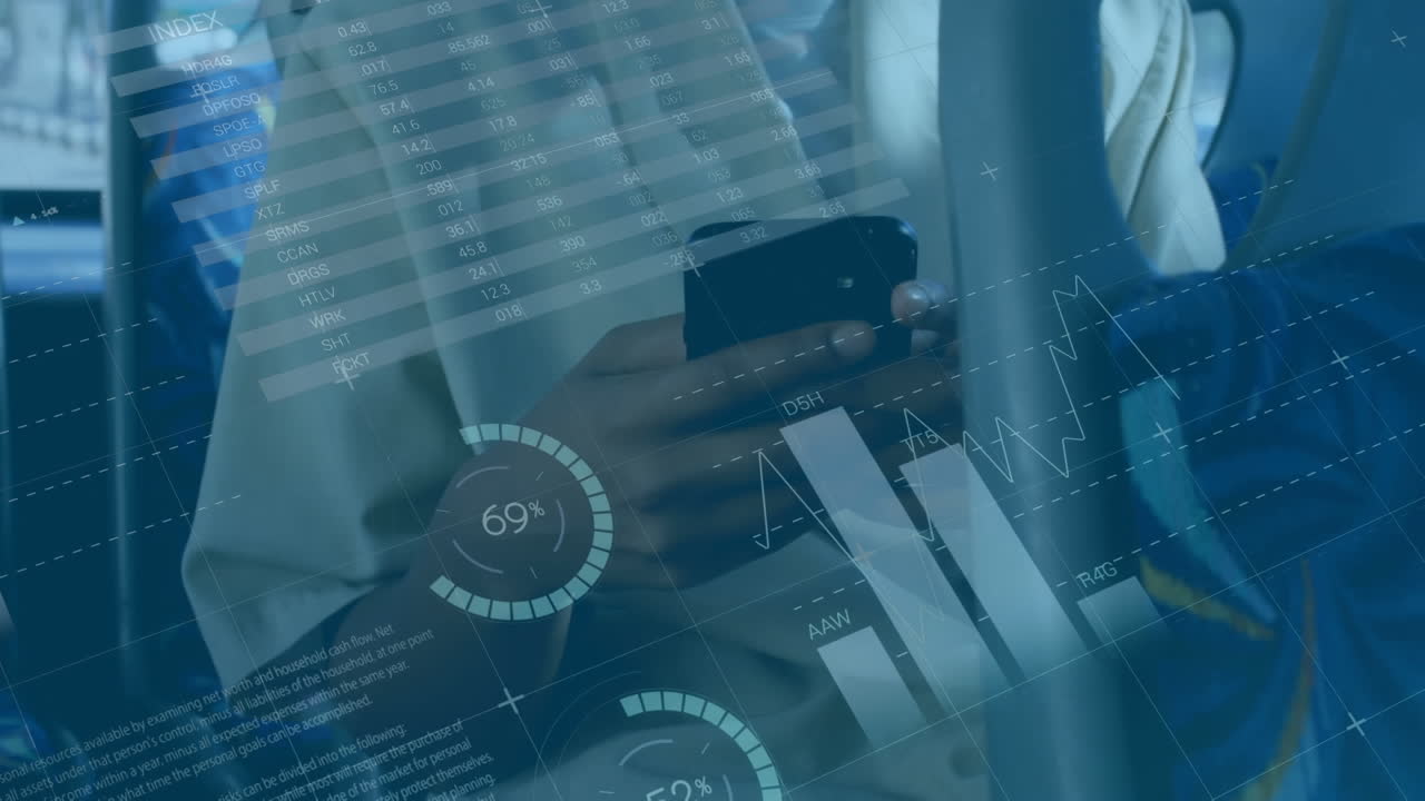 Animation of statistical data processing against mid section of woman using smartphone in a bus