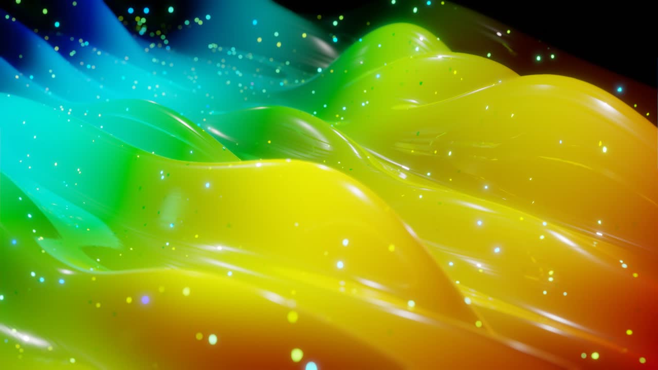 superficie 3d abstracta con hermosas olas, chispas luminosas y gradiente de colores brillantes, colores del arco iris. las olas corren en una superficie muy brillante y brillante con brillo brillante. animación en bucle 4k