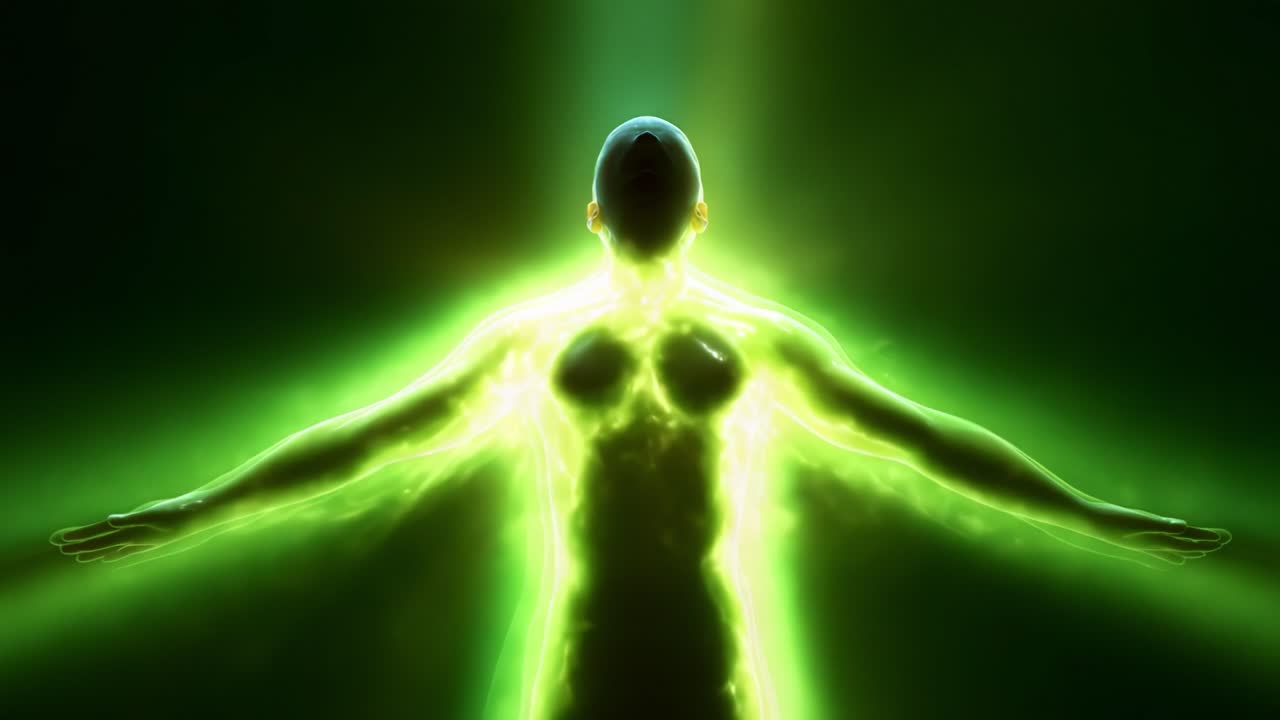 An ethereal visual representation of transformation, depicting a humanoid figure radiant with green luminescence, symbolizing harnessed energy and a profound inner awakening