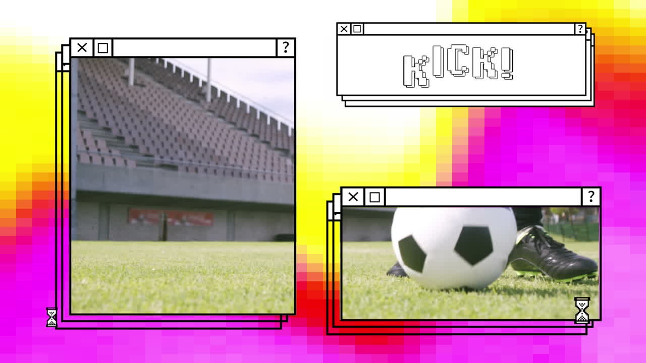Animation of kick in white text in stacked window, with football and stadium, on yellow and pink