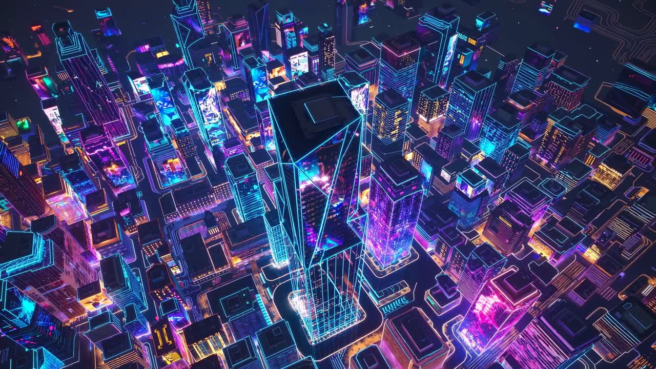 Aerial view of a futuristic cityscape with neon lights and vibrant colors, resembling a video game