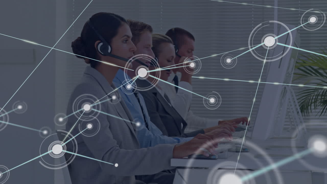 Animation of network of connections over diverse colleagues wearing phone headsets working at office