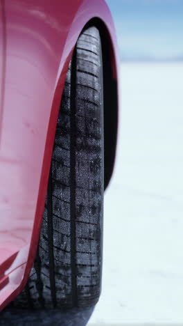 close-up of a winter tire on a red car