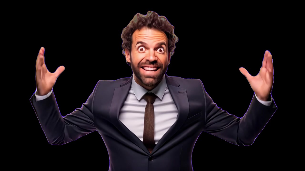 Surprised Businessman in Suit Gesturing with Hands Against Black Background