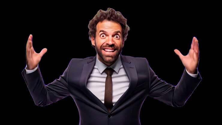 Surprised Businessman in Suit Gesturing with Hands Against Black Background